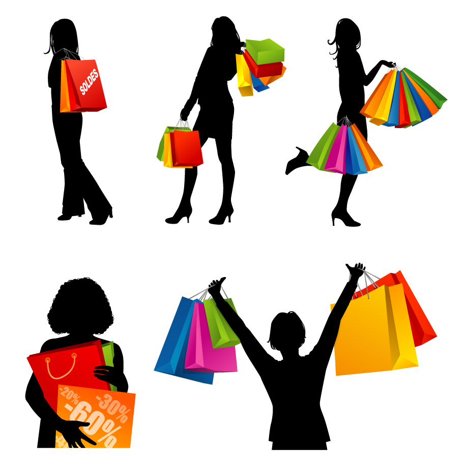買い物を楽しむ女性のシルエット Fashion shopping women silhouettes イラスト素材1
